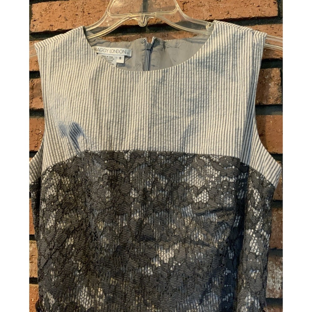 Maggy London Womens Sleeveless Lace Gray Striped Belted Dress Knee Length Size 8 - Picture 3 of 4